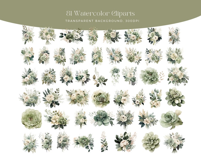 Sage Green and Ivory Flowers PNG, Watercolor Floral Clipart Bouquets, Elements, Commercial Use, Digital clipart PNG image 2