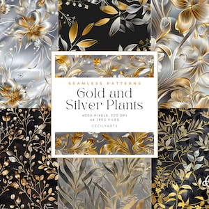 Gold and Silver Plants Seamless Patterns, Digital Paper, printable scrapbook paper, Digital Paper, seamless backgrounds