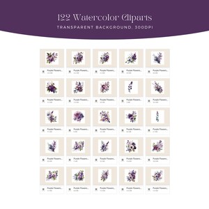 May include: A set of 122 watercolor clipart images of purple flowers. The images are on a transparent background and are 300 DPI.
