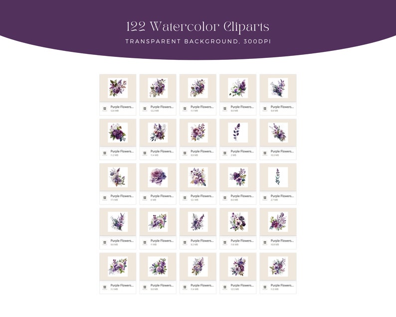 May include: A set of 122 watercolor clipart images of purple flowers. The images are on a transparent background and are 300 DPI.