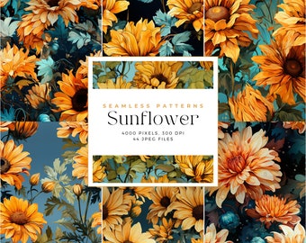 Papel digital de girasoles de acuarela, papel de álbum de recortes imprimible, fondos de girasol, papel digital, fondos sin costuras, uso comercial