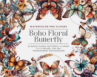 Boho Flower Butterfly PNG, Watercolor Floral Clipart Bouquets, Elements, Commercial Use, Digital clipart PNG