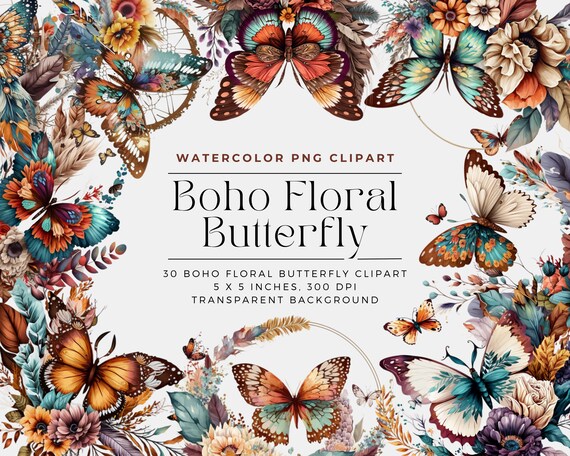 Boho Flower Butterfly PNG, Watercolor Floral Clipart Bouquets, Elements, Commercial Use, Digital clipart PNG