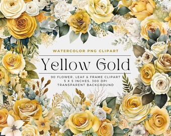 Yellow Gold Flowers PNG, Watercolor Floral Clipart Bouquets, Elements, Commercial Use, Digital clipart PNG