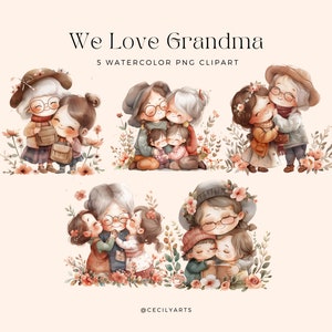 K&ouml;nnte beinhalten: F&uuml;nf Aquarell-Illustrationen von Kindern, die ihre Gro&szlig;mutter umarmen. Die Illustrationen sind in einer weichen, gedeckten Farbpalette mit Braunt&ouml;nen, Rosa und Gr&uuml;n gehalten. Die Kinder tragen alle verschiedene Outfits und haben verschiedene Frisuren. Die Gro&szlig;mutter tr&auml;gt ein braunes Kleid und einen wei&szlig;en Hut. Die Illustrationen sind von Blumen und Bl&auml;ttern umgeben.