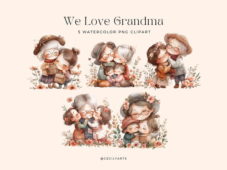 K&ouml;nnte beinhalten: F&uuml;nf Aquarell-Illustrationen von Kindern, die ihre Gro&szlig;mutter umarmen. Die Illustrationen sind in einer weichen, gedeckten Farbpalette mit Braunt&ouml;nen, Rosa und Gr&uuml;n gehalten. Die Kinder tragen alle verschiedene Outfits und haben verschiedene Frisuren. Die Gro&szlig;mutter tr&auml;gt ein braunes Kleid und einen wei&szlig;en Hut. Die Illustrationen sind von Blumen und Bl&auml;ttern umgeben.
