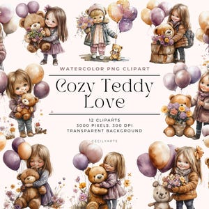 Cozy Teddy Love Cliparts, Watercolor, Watercolor Teddy Bear Clipart - Valentine&#39;s Day Graphics - Cute Love Elements - Commercial Use