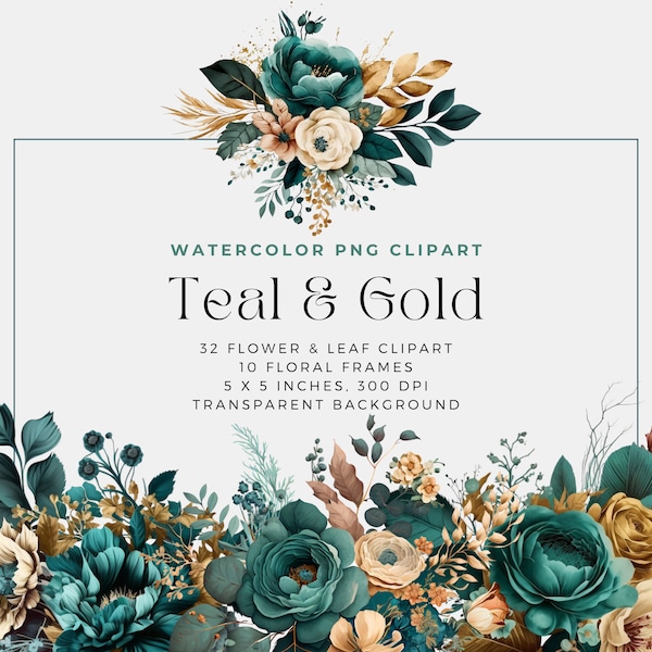 Teal and Gold Flowers PNG, Watercolor Floral Clipart Bouquets, Elements, Commercial Use, Digital clipart PNG