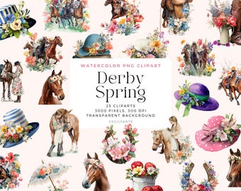 May include: A set of 25 watercolor clipart images featuring horses, hats, flowers, and other spring-themed elements. The images are perfect for creating invitations, cards, and other crafts.