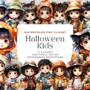 Watercolor Halloween Kids Clipart, Cute Kids Clipart PNG Watercolor Halloween, Instant Digital Download, commercial license