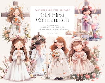 May include: Six watercolor illustrations of girls in white dresses with floral crowns and bouquets, some holding crosses, against a white background with the text "Watercolor PNG Clipart Girl First Communion 6 Cliparts 3000 Pixels. 300 DPI Transparent Background Cecilyarts"