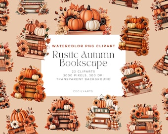 Rustic Autumn Books & Pumpkins Clipart – 22 Watercolor PNGs, Cozy Fall Bookshelf, 300 DPI Transparent
