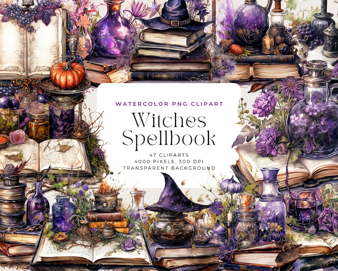 Watercolor Witch Spellbook Clipart: Wizard School Graphics (commercial ...