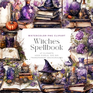 Watercolor Witchy Clipart, Witch Spellbook clipart,Witchy Books Clipart Wizard School, Commercial License