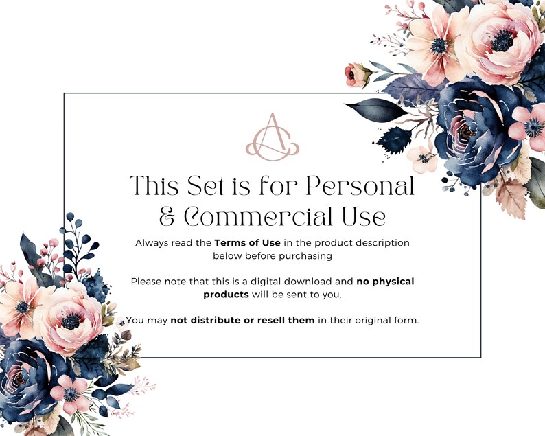 Blush and Navy Flowers PNG, Watercolor Floral Clipart Bouquets ...
