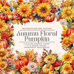 Watercolor Autumn pumpkin Clipart, Pumpkin Clipart, Autumn Leaves, Watercolor Fall Floral, Fall Clipart, Commercial License