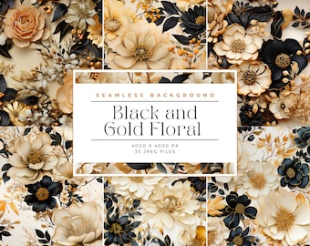 Black Gold Floral Digital Paper, Seamless Pattern, Gold Black Floral Pattern, Sublimation, Journaling, Watercolor Seamless Pattern Tiles