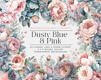 Dusty Blue and Pink Peonies Flowers PNG, Watercolor Floral Clipart Bouquets, Elements, Commercial Use, Digital clipart PNG