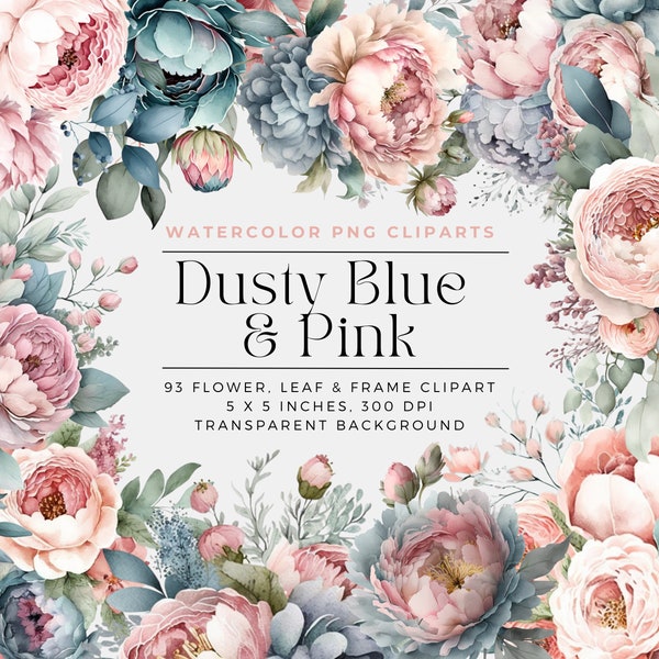 Dusty Blue and Pink Peonies Flowers PNG, Watercolor Floral Clipart Bouquets, Elements, Commercial Use, Digital clipart PNG