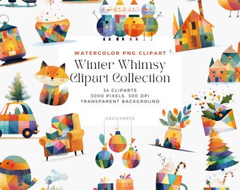 May include: A watercolour clipart collection named "Winter Whimsy." The image showcases winter-themed illustrations such as snowmen, houses, birds, and gifts. The text on the image says "34 cliparts, 3000 pixels, 300 DPI, transparent background."
