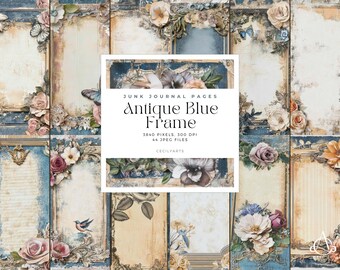 May include: A digital collage of 44 vintage-style journal pages with blue frames and floral embellishments. The pages are perfect for scrapbooking, junk journaling, or other creative projects. The text on the image reads "Junk Journal Pages Antique Blue Frame 3840 Pixels, 300 DPI 44 JPEG Files Cecilvarts".