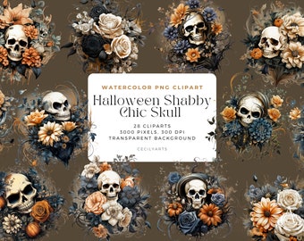 Halloween Shabby Chic Skull Cliparts: Pumpkin & Ribbon (Digital Download)