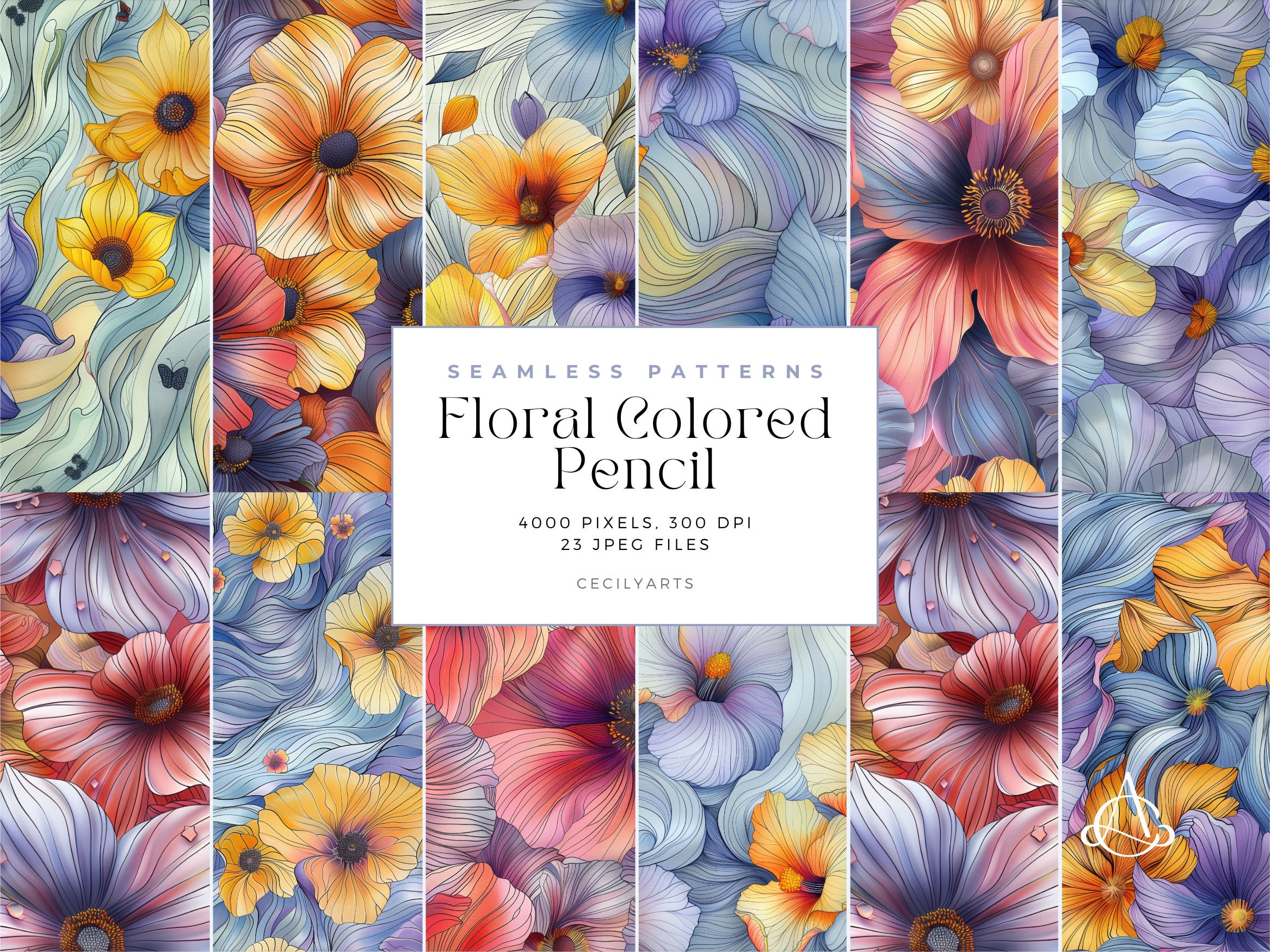 Floral Colored Pencil Seamless Patterns Bright Colorful Flower Pattern ...