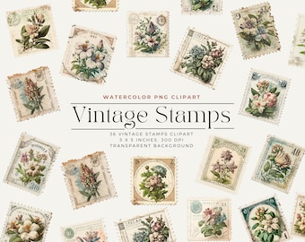 Vintage Flower Stamps Clipart, Vintage Stamps Floral Postal Stamps Clipart , Vintage floral shabby stamps, Commercial License
