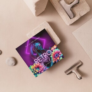 May include: A purple and pink invitation with a neon pink outline around a woman wearing sunglasses. The text "Retro Party" is in a white font with a pink outline. The invitation also features colorful flowers.