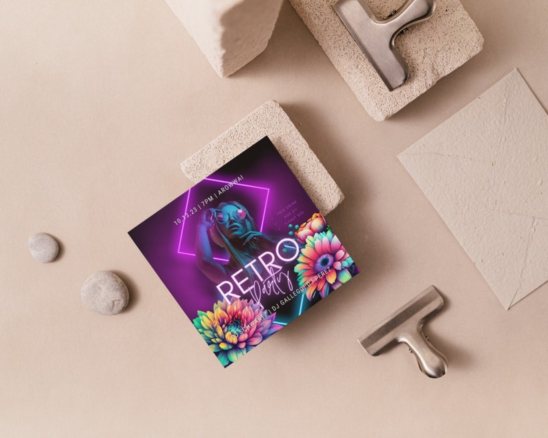May include: A purple and pink invitation with a neon pink outline around a woman wearing sunglasses. The text "Retro Party" is in a white font with a pink outline. The invitation also features colorful flowers.