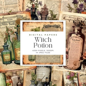 Junk Journal Printable Witch Potion Vintage Papers, Vintage Paper Journal Pages, Journal Supplies, Digital Scrapbooking, Digital Papers