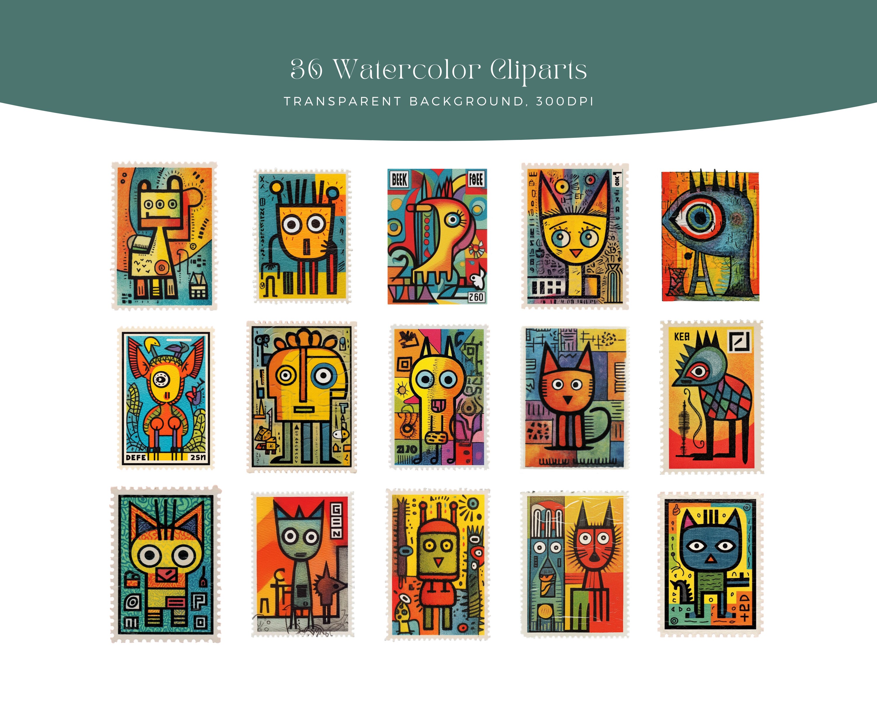 Colorful Stamp Graphics Clipart Colorful Animal Stamp Etsy