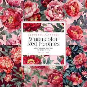 Könnte beinhalten: Ein Set mit 40 nahtlosen Mustern mit Aquarell-roten Pfingstrosen mit grünen Blättern auf rosa und schwarzem Hintergrund. Die Muster sind 4000 Pixel, 300 DPI und als JPEG-Dateien verfügbar. Der Text "Seamless Patterns Watercolor Red Peonies 4000 pixels, 300 DPI 40 JPEG files Cecilyarts" wird in der Mitte des Bildes angezeigt.