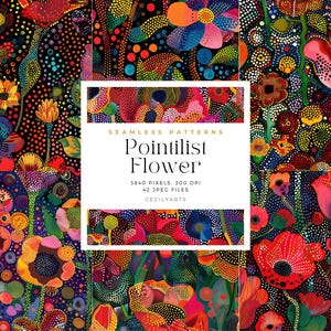 Pointilist Flower Seamless Patterns, Commercial Use Digital Download, Journaling, Watercolor Seamless Pattern Tiles