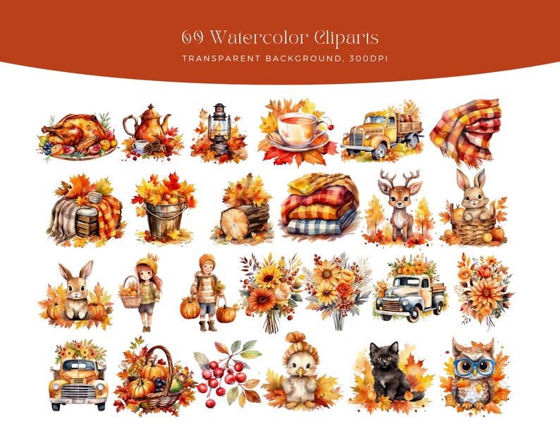 May include: A set of 69 watercolor clipart illustrations featuring autumnal themes. The illustrations include animals, food, plants, and objects. The illustrations are painted in a realistic style and have a warm, inviting feel.