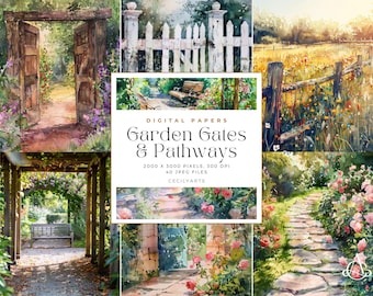 May include: Watercolor digital papers featuring garden scenes. The image includes a wooden gate, a white picket fence, a wooden fence in a field, a pergola with a bench, a stone pathway, and a stone wall with a door. Text reads "Garden Gates & Pathways".
