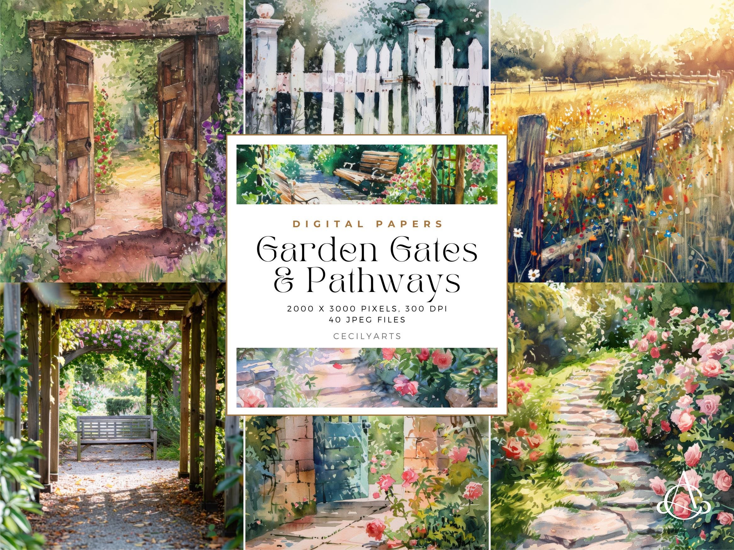 Garden Gates & Pathways Watercolor Digital Paper – 36 Rustic Floral ...
