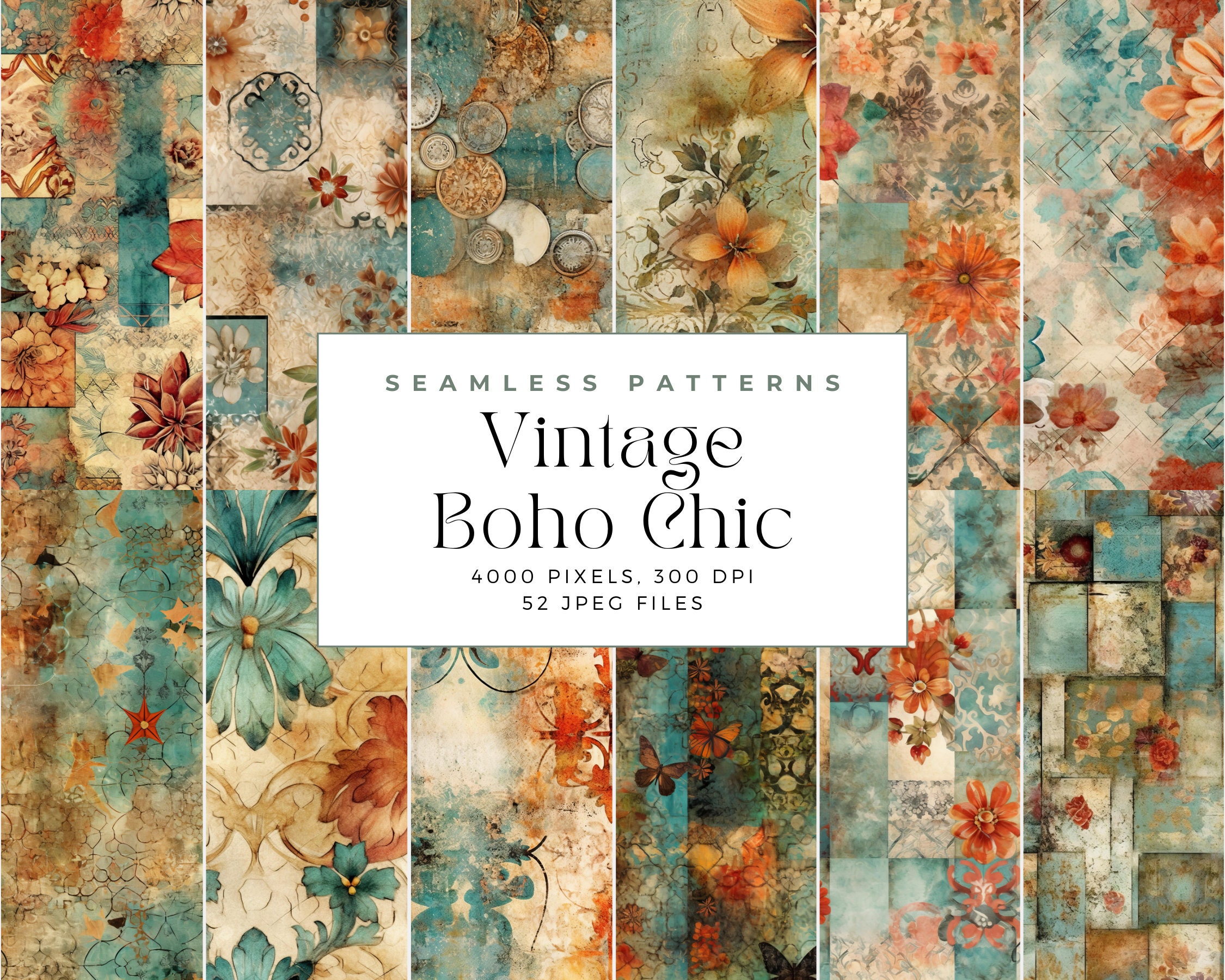 Vintage Boho Chic Seamless Pattern Digital Paper, Vintage Boho Seamless ...