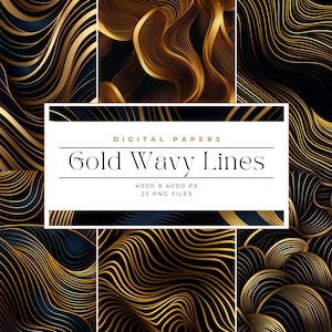 Gold Wavy Lines Digital Paper Backgrounds, Glamorous , abstract background, invitation paper, dark colors, Commercial Use, Digital paper