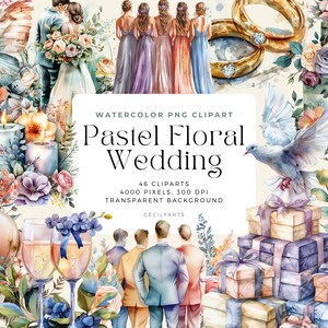 Pastel Floral Wedding Collection, Pastel Flowers PNG, Watercolor Floral Clipart Bouquets, Elements, Commercial Use, Digital clipart PNG