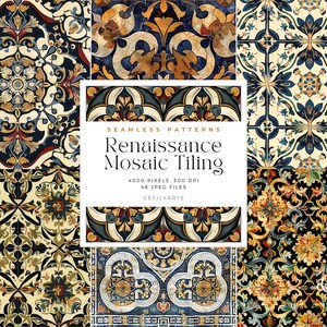 Könnte beinhalten: Ein Satz von 48 nahtlosen Mustern mit Renaissance-Mosaikfliesen. Die Muster sind kompliziert und farbenfroh, mit einer Vielzahl von floralen und geometrischen Designs. Die Muster sind perfekt für die Verwendung in einer Vielzahl von Projekten, wie z. B. Website-Hintergründen, Stoffdesigns und Tapeten.
