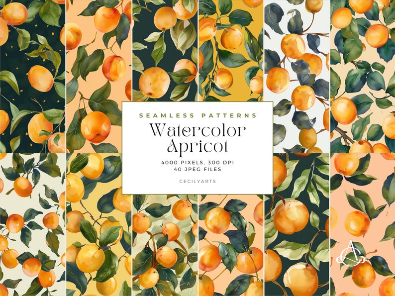 Watercolor Apricot Seamless Patterns, Commercial Use Digital Download ...