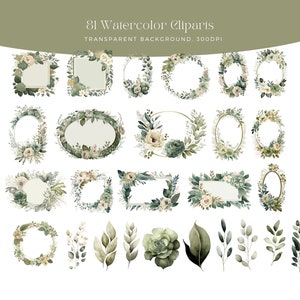 Sage Green and Ivory Flowers PNG, Watercolor Floral Clipart Bouquets, Elements, Commercial Use, Digital clipart PNG image 3