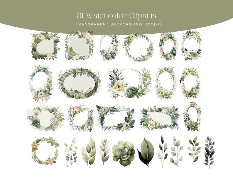 Sage Green and Ivory Flowers PNG, Watercolor Floral Clipart Bouquets, Elements, Commercial Use, Digital clipart PNG image 3