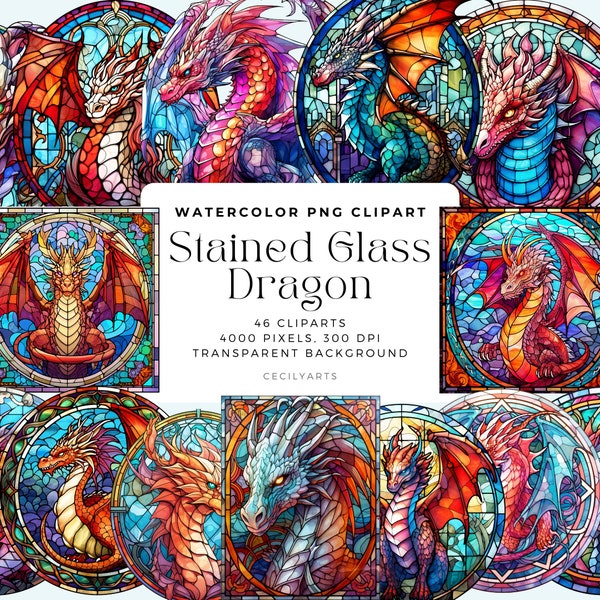 Stained Glass Dragon Clipart, Dragon Stained Glass Background, Elements, Commercial Use, Digital clipart PNG