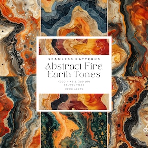 May include: A set of 39 seamless digital patterns featuring abstract fire and earth tones. The patterns are in a variety of colours, including orange, red, yellow, brown, black, and blue. The patterns are perfect for use in a variety of design projects, such as website backgrounds, social media graphics, and printed materials.