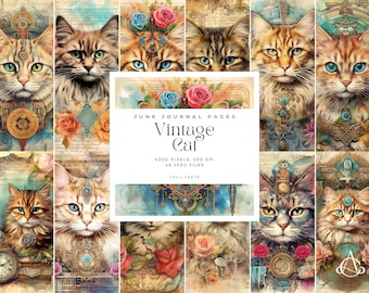 Vintage Cat Junk Journal Pages,Cats Junk Journal Kit, Kitty Cat Digital Paper, Card, Scrapbooking, Junk Journal Pages, Commercial Use