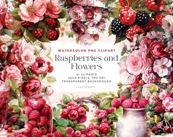 Raspberries and Flowers, Raspberries cliparts, Watercolor Floral Clipart Bouquets, Elements, Commercial Use, Digital clipart PNG