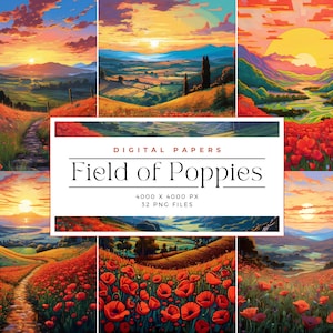Field of Poppies, Poppy digital landscape, Watercolor poppy field, Red poppy landscape, Commercial Use, Digital paper