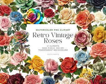 Vintage Roses Akwarela Clipart: Pakiet Retro Floral PNG (Pobieranie Cyfrowe)